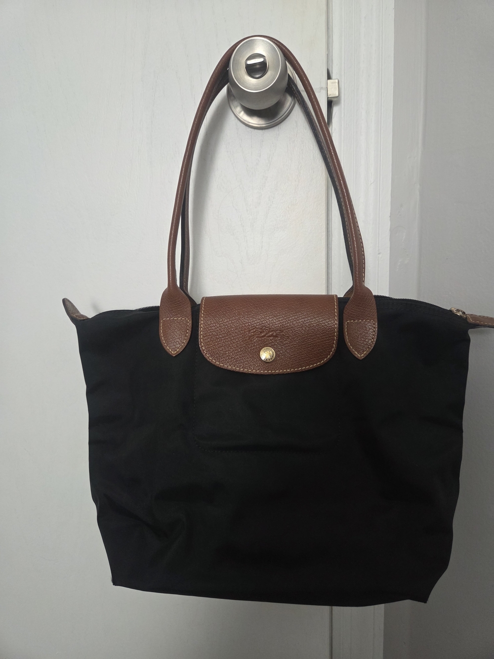 Longchamp Le Pilage Medium Black Tote Bag with Brown Leather Trim